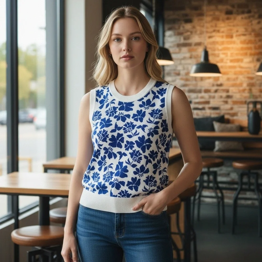 Style Co Petite PL‎ Blue White Floral Print Knit Sweater Vest Sleeveless Top